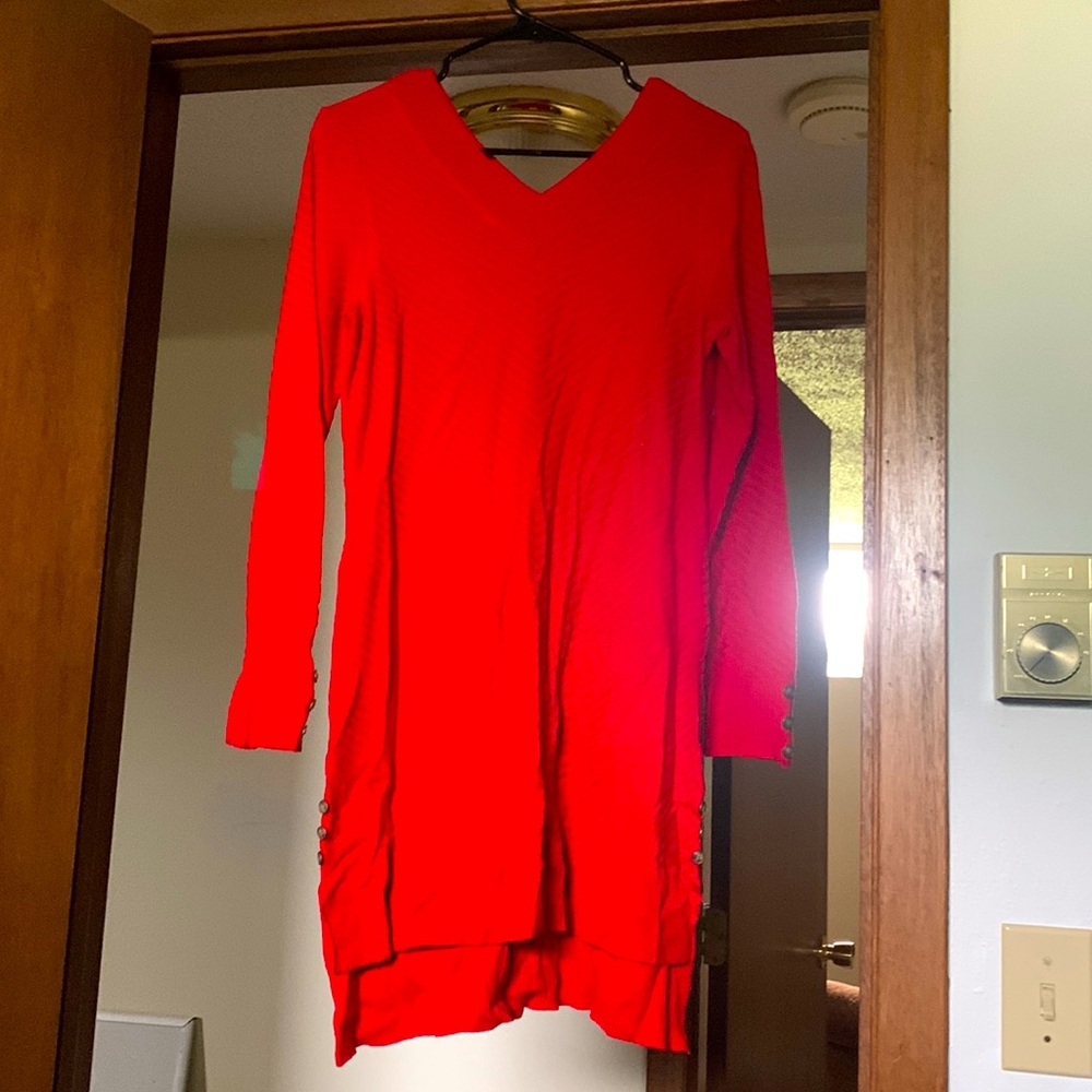Red knit V neck sweater dress